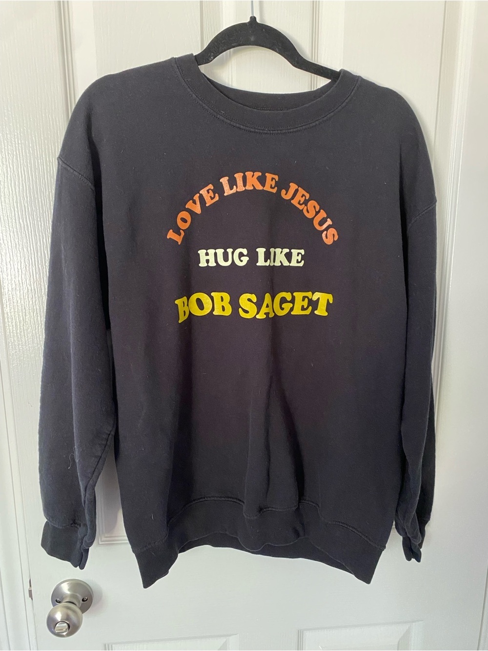 Black Graphic Crewneck Sweatshirt with Multicolor Slogan